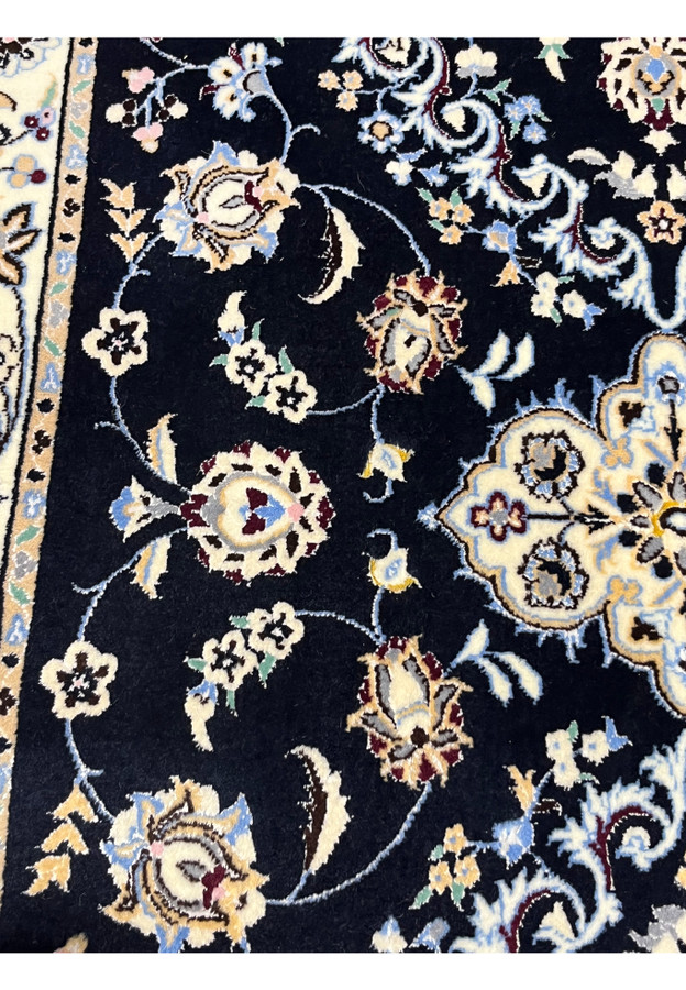 Upper end view of 3x15 Persian Nain 6La Habibian runner, top medallion with Habibian cartouche signature