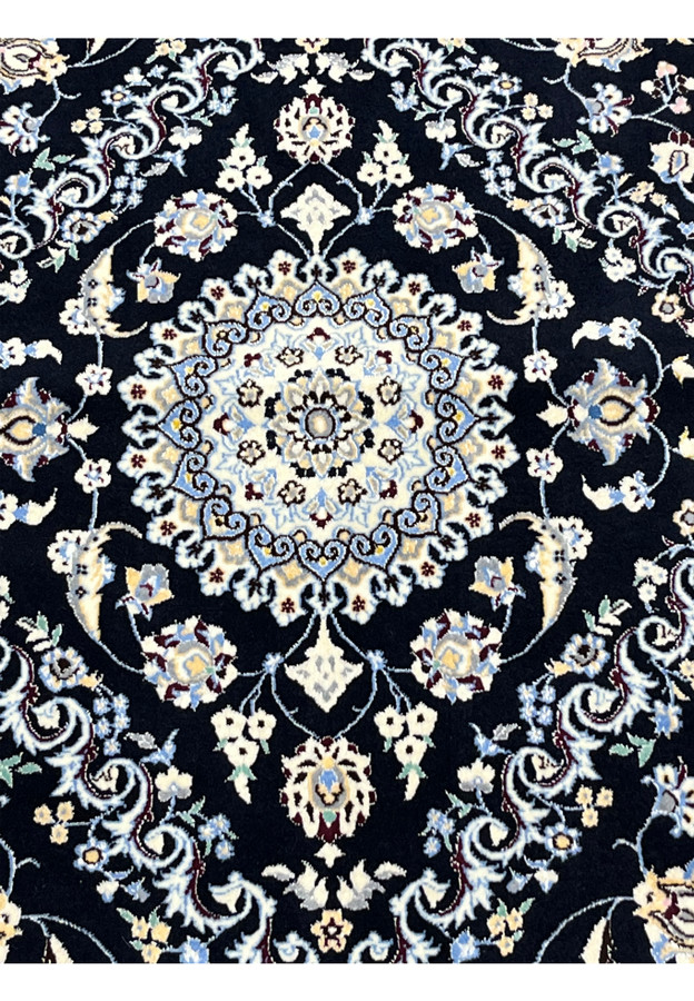 Field closeup of 3x15 Persian Nain 6La Habibian runner, fine wool and silk knotting, sky blue arabesques