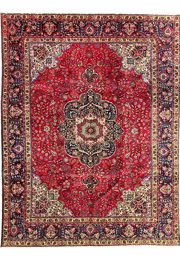 10x13 Persian Tabriz rug full view, deep red field, navy medallion, ivory corners, floral border