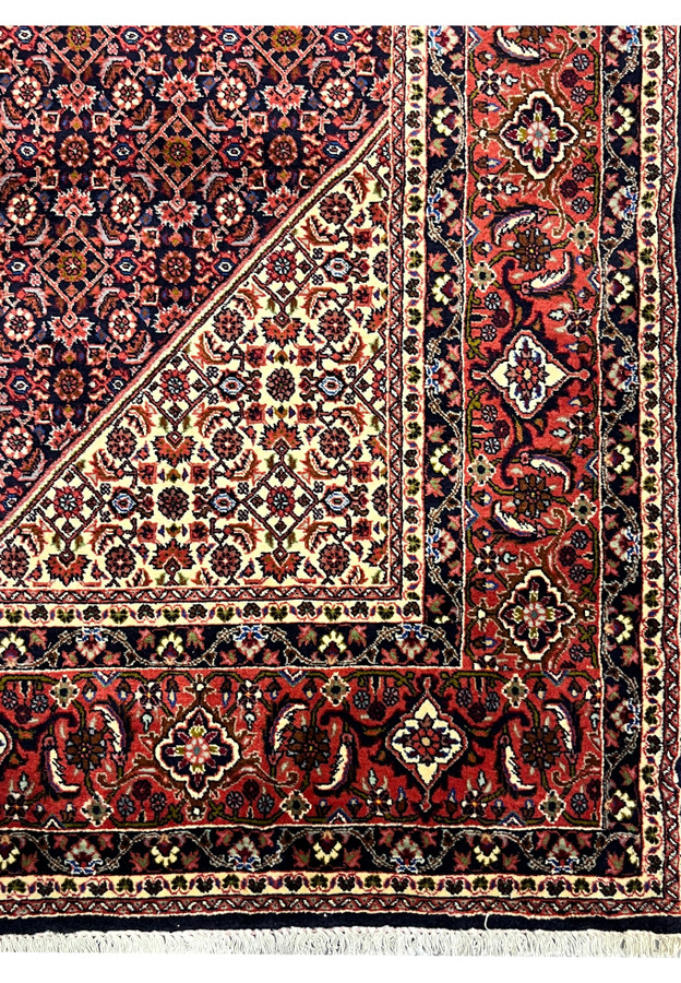 Red main border corner with ivory palmette rosettes, authentic Persian Bijar rug 10x13