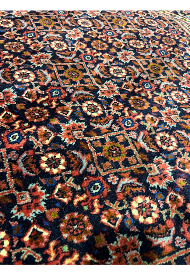 Navy ground with rosettes and fish motifs, traditional Persian Bijar rug pattern detail