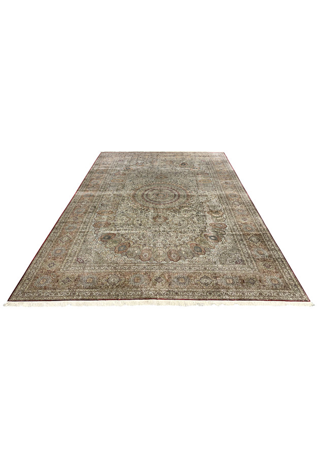 Top-down view of this large Turkish pure silk rug showing full medallion composition and dense floral tracery