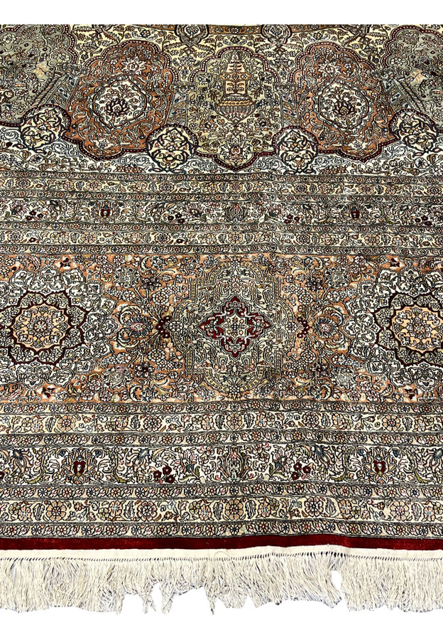 Copper main border with cartouche medallions and layered ivory guard stripes in pure silk on silk