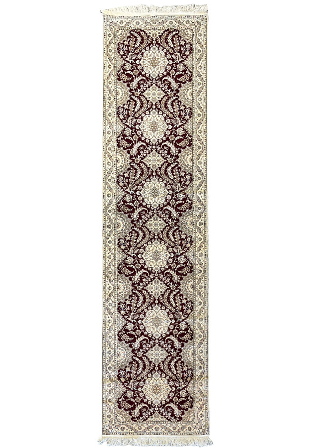 Authentic 3x13 Persian Nain runner signed Habibian with rich red field and ivory repeat medallions