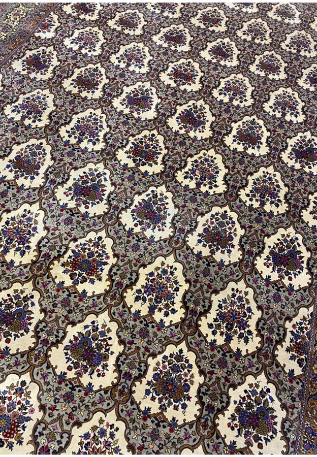 Midfield closeup with ivory cartouches sage green ground and miniature floral bouquets in pure kork wool
