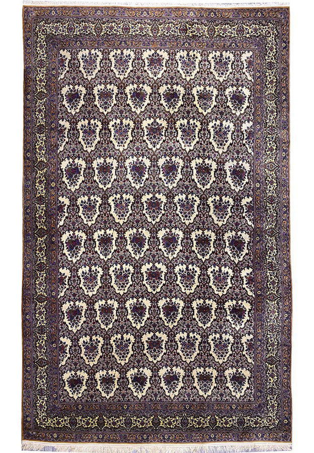 Authentic 11x16 8 Persian Qum Kork wool rug with all-over floral cartouche field on ivory ground
