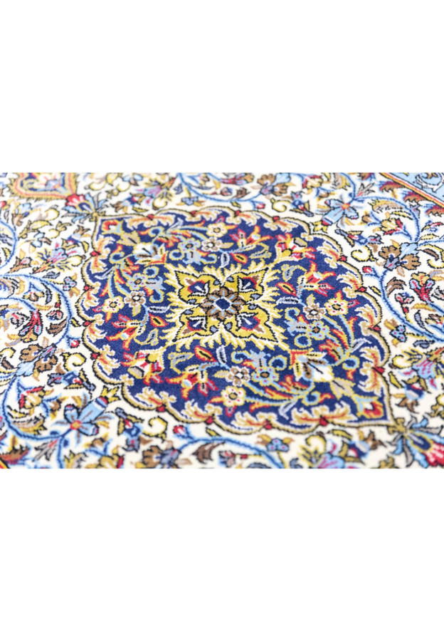 Arched cream field with shah abbasi palmettes and curling vines of authentic Persian Qum kork wool rug