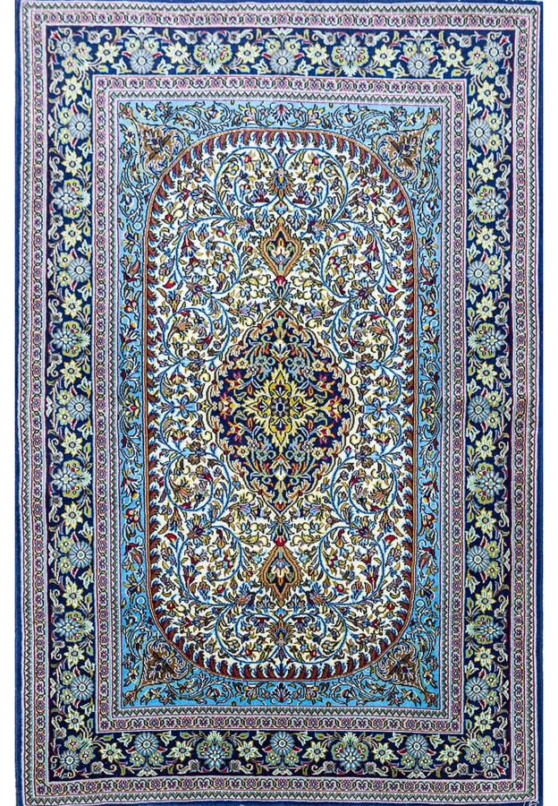 3'5" x 5'4" Persian Qum Kork Rug | Indigo & Sky Blue | 400 KPSI