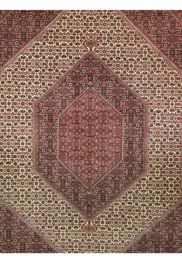 Stepped diamond medallion close-up of Persian Bijar Bukan rug with herati allover pattern in ivory and red