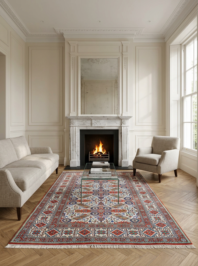 4'5" x 7'2" Persian Qum Kork Rug | Geometric Allover | Ivory and Brick Red | 400 KPSI