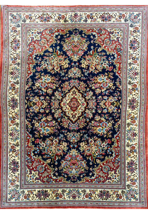 4'5" x 6'8" Persian Qum Kork Wool Rug | Floral Bouquets | Midnight Navy and Brick Red | 400 KPSI