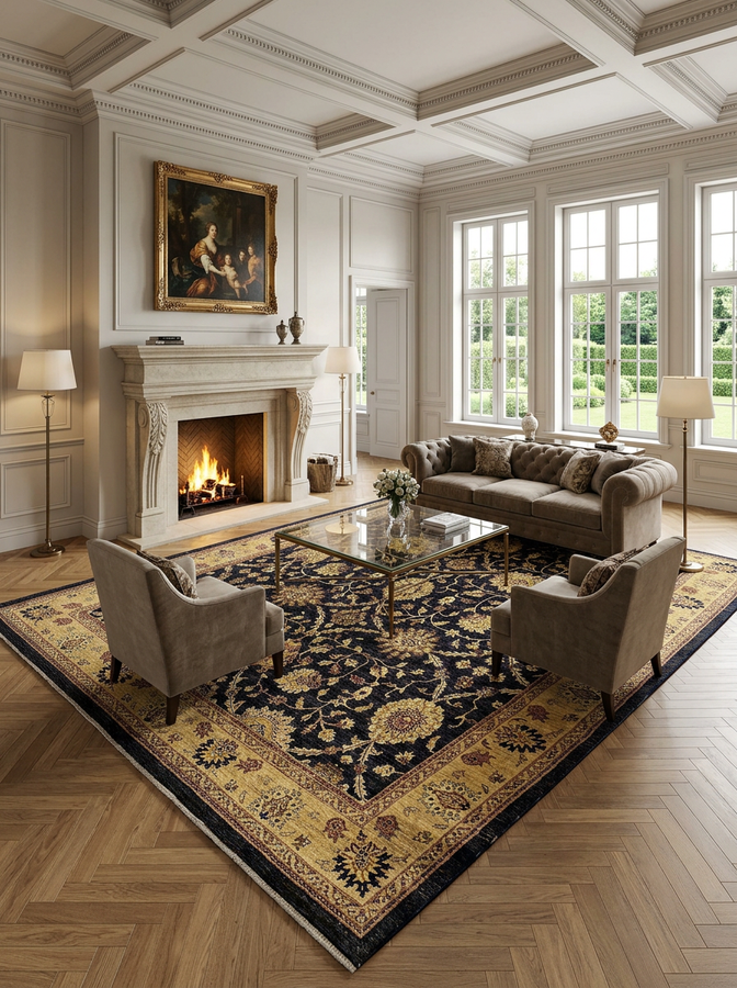12 x 15 Black & Gold Oriental Agra Oversize Rug | All-Over Floral | 180 KPSI