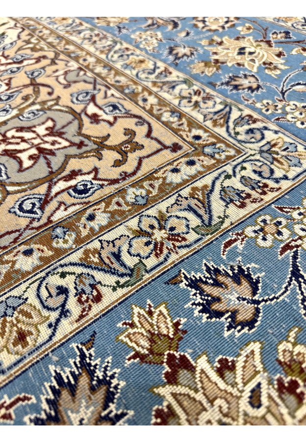 Backside closeup of Zolfaghari Isfahan rug showing fine even knotting on pure silk warp and weft foundation