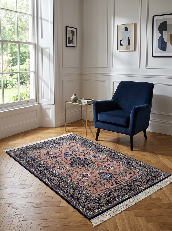 4'2" x 6'8" Persian Isfahan Kork and Silk Rug | Signed by Davari | Salmon Field with Floral and Bird Design | 500 KPSI