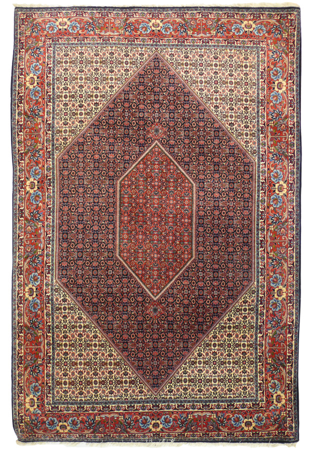7x10 Persian Bijar rug with navy diamond medallion herati field and ivory corners with floral rosette border