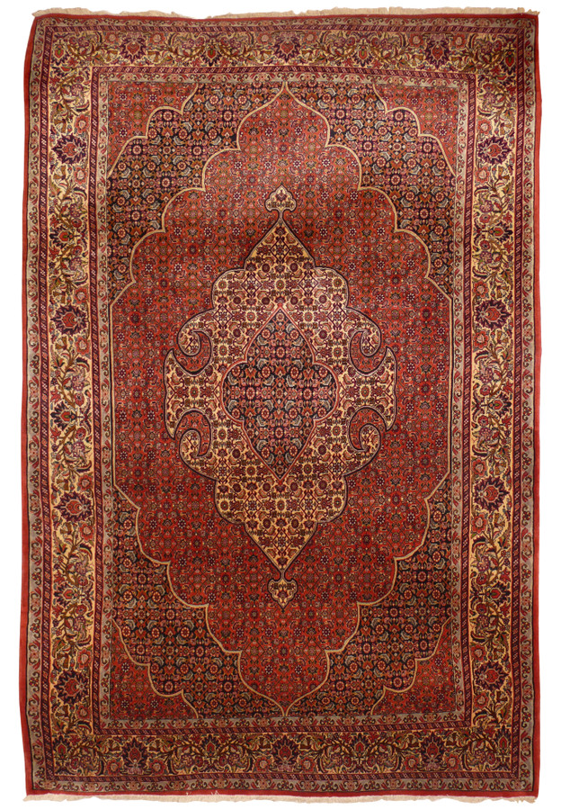 6x10 Persian Bijar rug with rare lobed cartouche medallion in terracotta ivory and navy with herati field