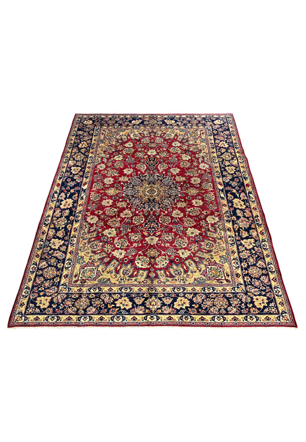Full top-down view of authentic Persian Isfahan rug showing classical medallion and corner composition