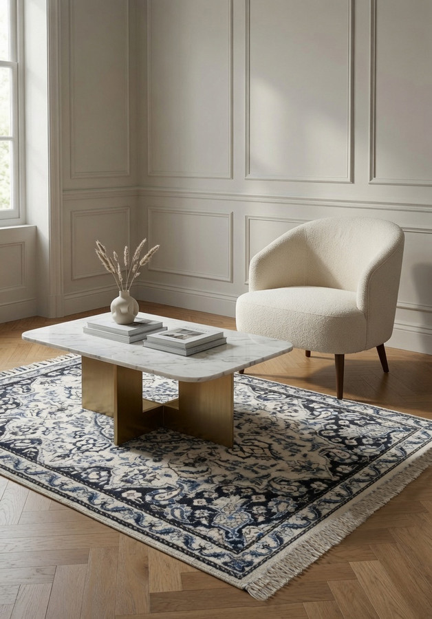 3 x 5 Persian Nain Rug | Ivory Field Navy Border | Floral | 180-220 KPSI