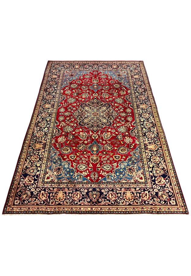 Authentic 200 KPSI Persian Najafabad rug photographed flat, rose red ground, French blue spandrels, layered diamond medallion