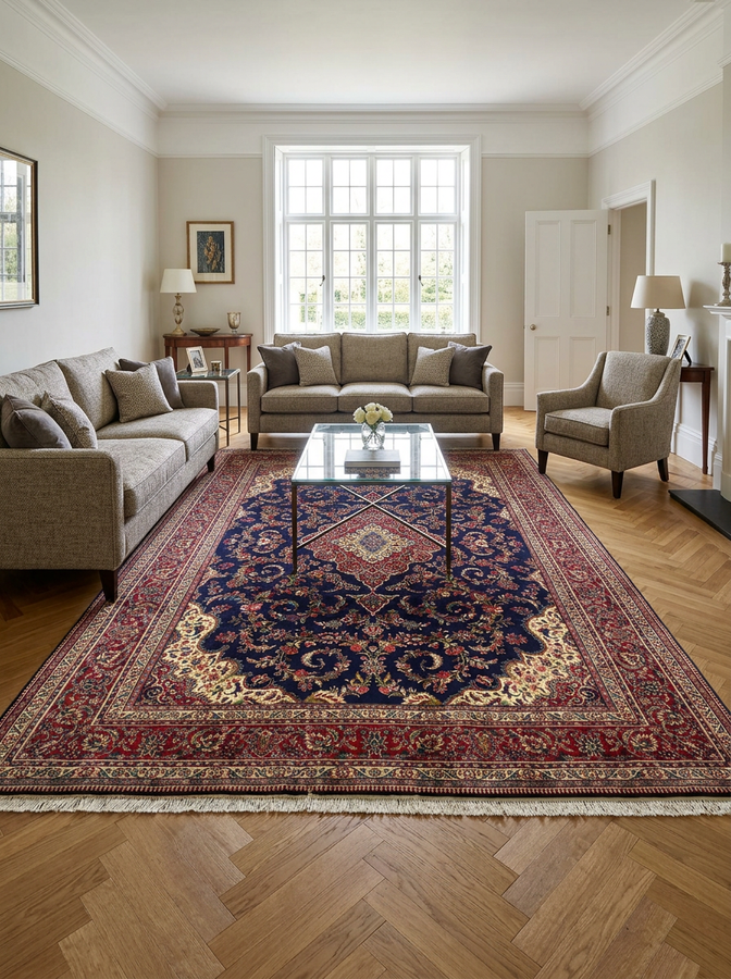 10 x 13'3 Persian Qum Kork Rug | Midnight Navy Field | Layered Medallion Ivory Spandrels | 280-300 KPSI