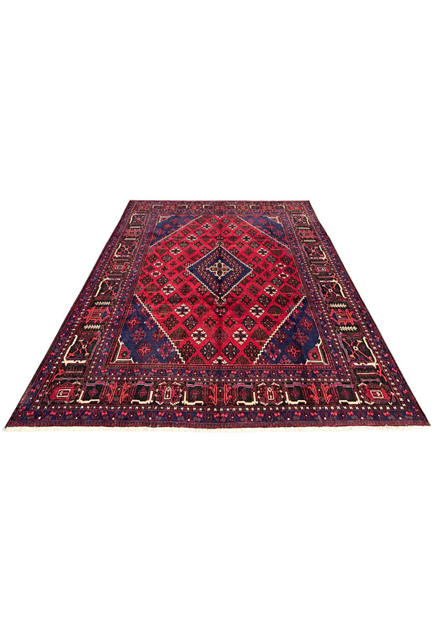 10x13 Persian Meymeh rug laid down, cherry red stepped diamond field, navy spandrels, hand-knotted wool, authentic