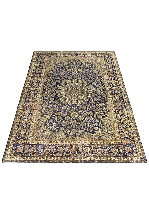Authentic 10x13 Persian Kashan rug laid down, navy and ivory floral palette, hand-knotted wool, for formal living room