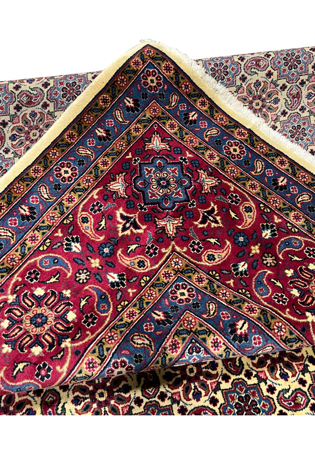 Folded-edge view of authentic Persian Mashad, dense pile and fine knot count, Kork wool on cotton, for dining room