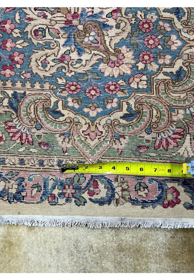 Backside knot detail of Persian Kerman rug, hand-knotted wool on cotton foundation, fine workshop weaving