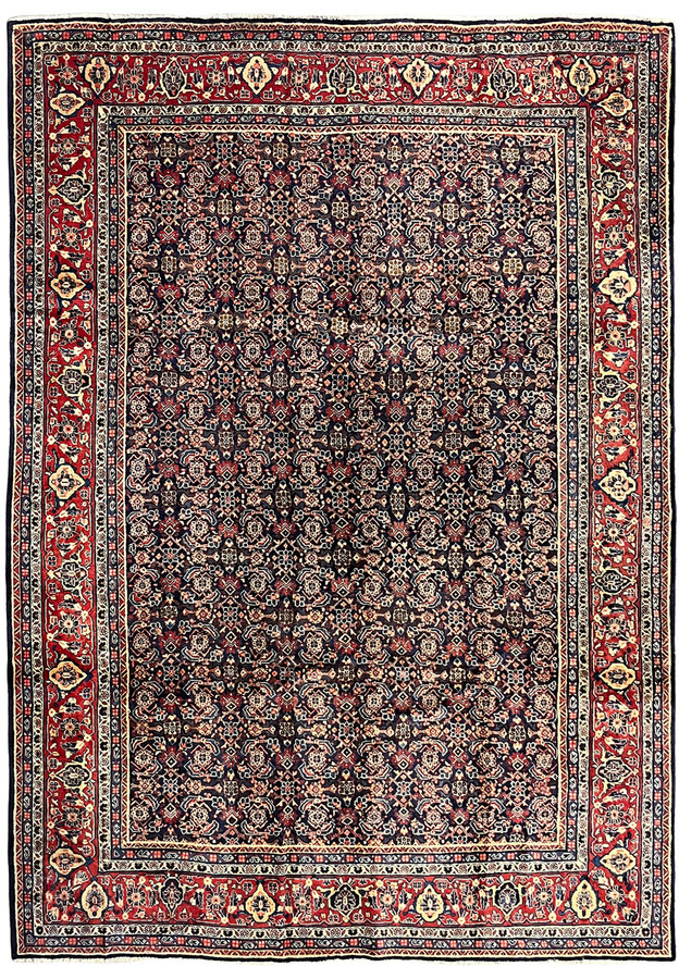 9x13 Persian Mahal rug with allover Herati pattern, deep navy field with Persian red floral border, hand-knotted wool