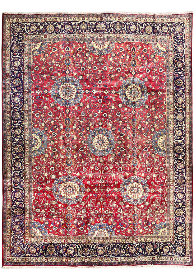 9'6 x 12'6 Persian Isfahan Rug | Allover Floral | Red Field Navy Border
