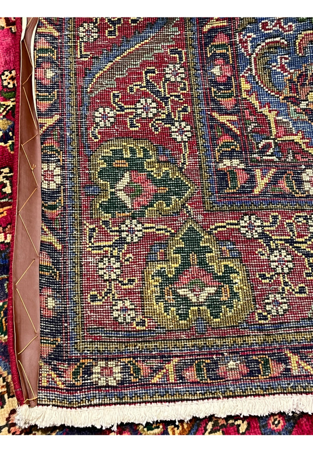 Backside of Persian Kerman rug, tightly woven cotton foundation and fine knot detail, authentic 160 to 180 KPSI handmade workshop quality