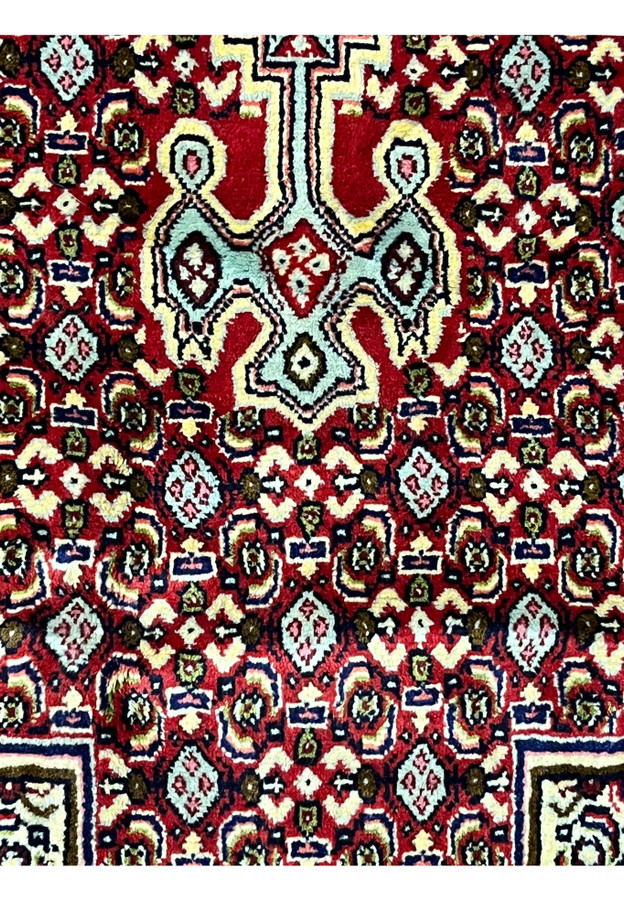 Pattern detail Persian Senneh rug, classic mahi herati repeat on pale celadon ground, fine Kurdish workshop drawing