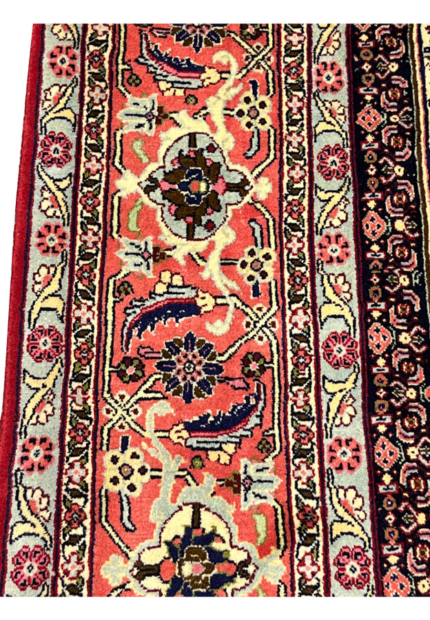 Border closeup Persian Senneh rug, palmette and rosette repeat on salmon coral ground, fine Kurdish wool on cotton handmade in Persia