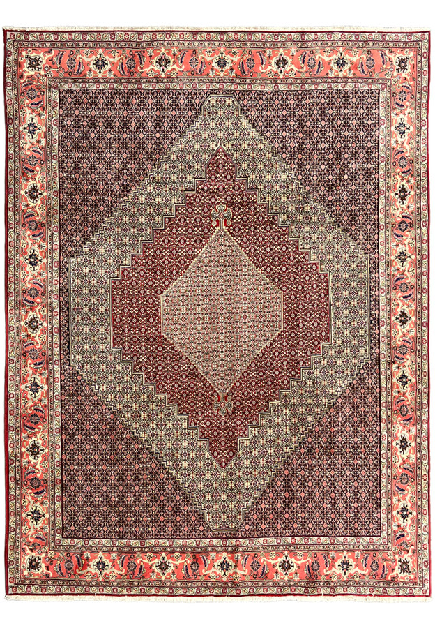 10x13 Persian Senneh rug full view, stepped diamond medallion with fine herati field on red and ivory, authentic handmade