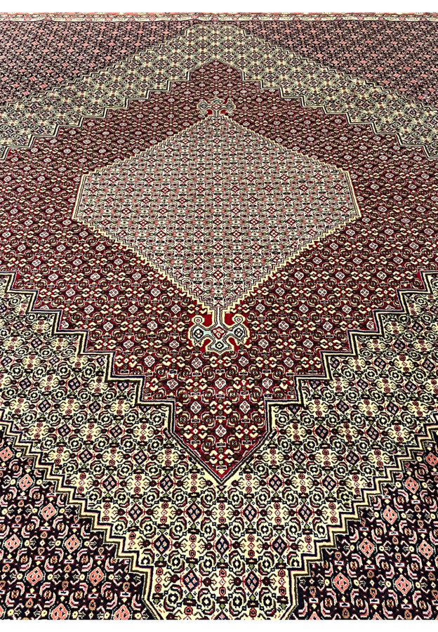Medallion foundation closeup Persian Senneh rug, ivory diamond center with red herati cells, very fine 320 to 360 KPSI knotting