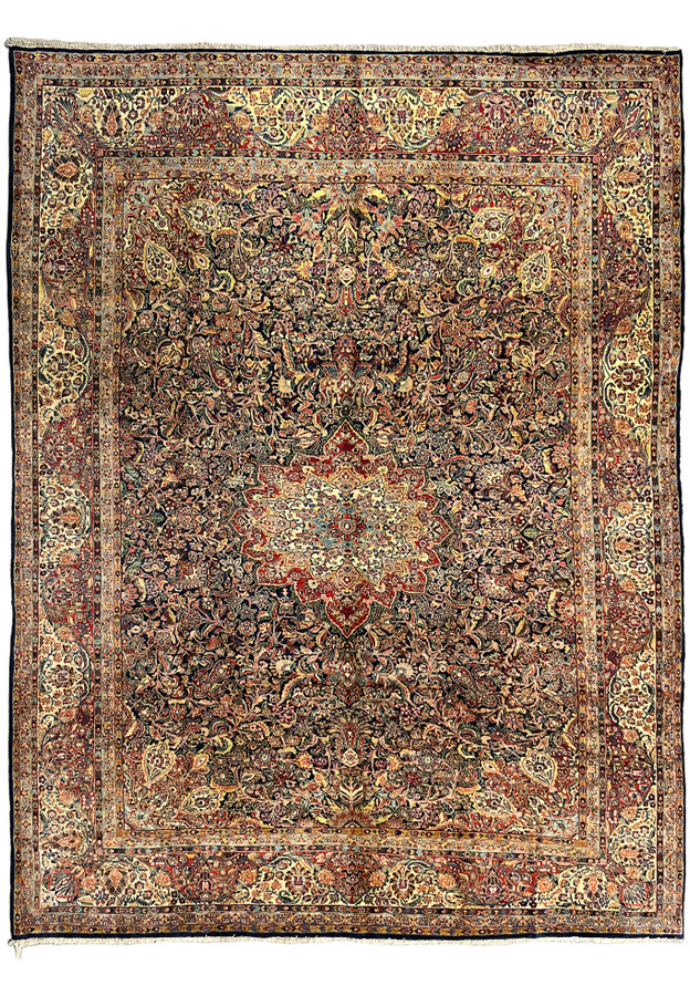 10'6 by 13'5 antique Persian Sarough rug full view, navy field with ivory medallion and crimson centerpiece