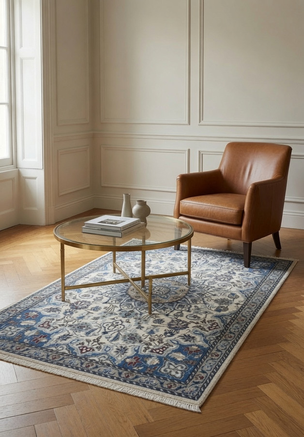3 x 4'5" Persian Nain Rug | Ivory Field with Royal Blue Border | Classic Medallion