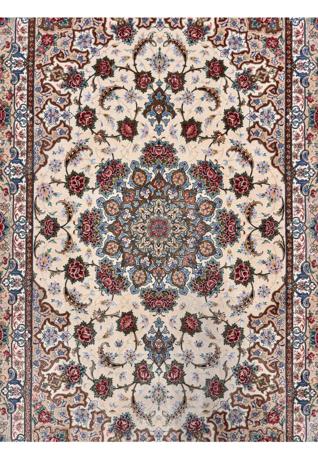 Midfield detail of authentic Persian Isfahan rug by Habib, ivory ground with paired rose bouquets and palmettes
