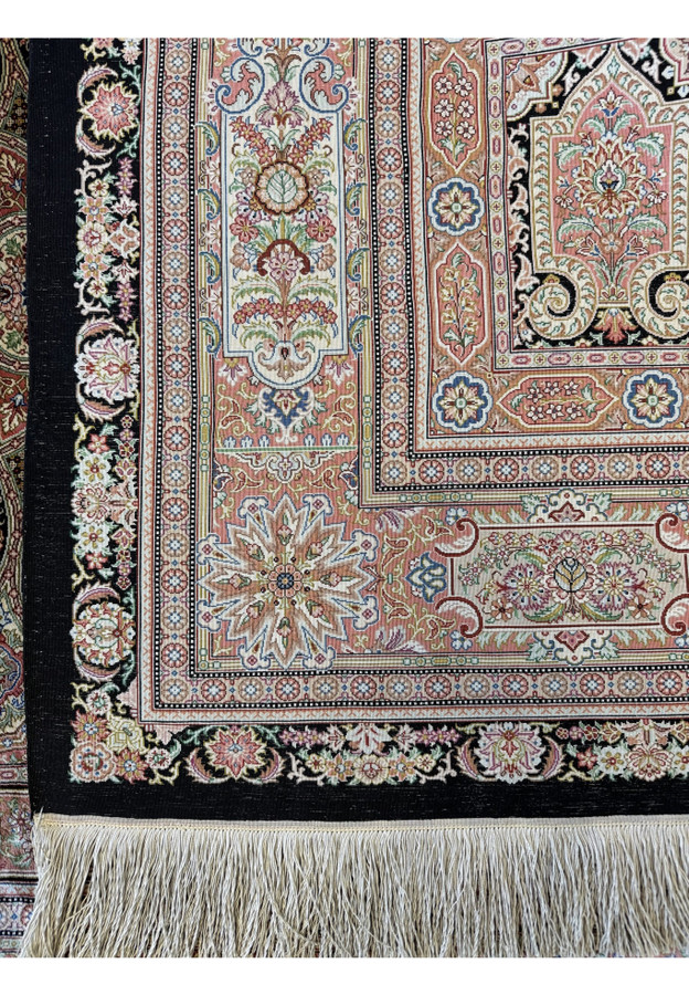 Backside close-up of pure silk Qum rug, ultra fine knotting where the back nearly mirrors the front