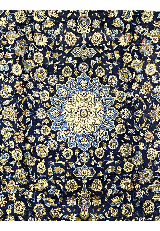 8x11 Persian Kashan rug centered ivory star medallion on midnight navy field with allover florals