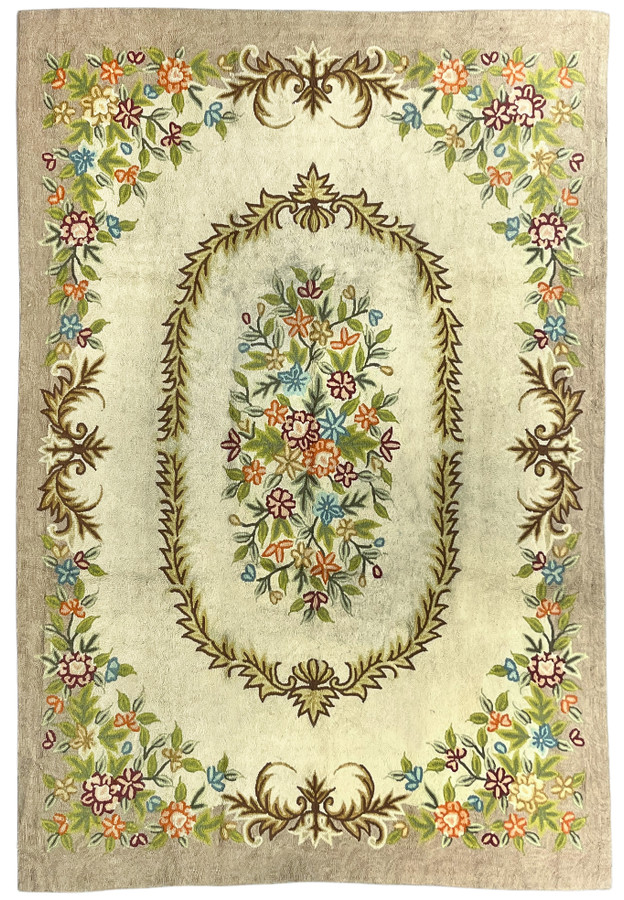 8x11 vintage hand-hooked wool rug shown flat with cream field and multicolor floral medallion