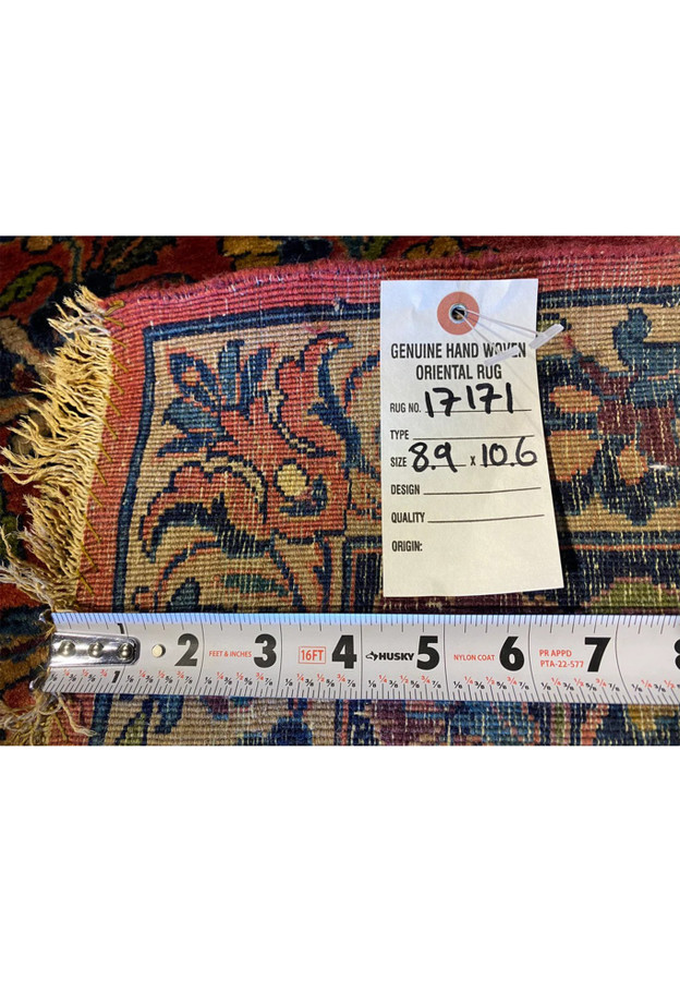 Backside of antique Persian Sarough rug with size tag, hand-knotted wool on cotton foundation