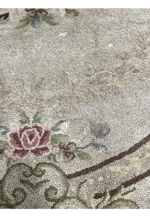 Worn field near the border with thinning loops, antique hand-hooked oval rug for shabby chic interiors