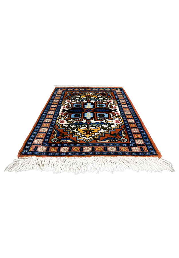 1x2 Persian Ardebil baby rug, hand-knotted wool and silk Heriz medallion on rust field with multi-band border