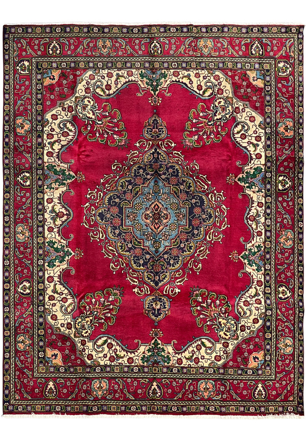 9'8 x 12'1 Persian Tabriz rug, hand-knotted wool with red field, navy medallion and ivory corner spandrels