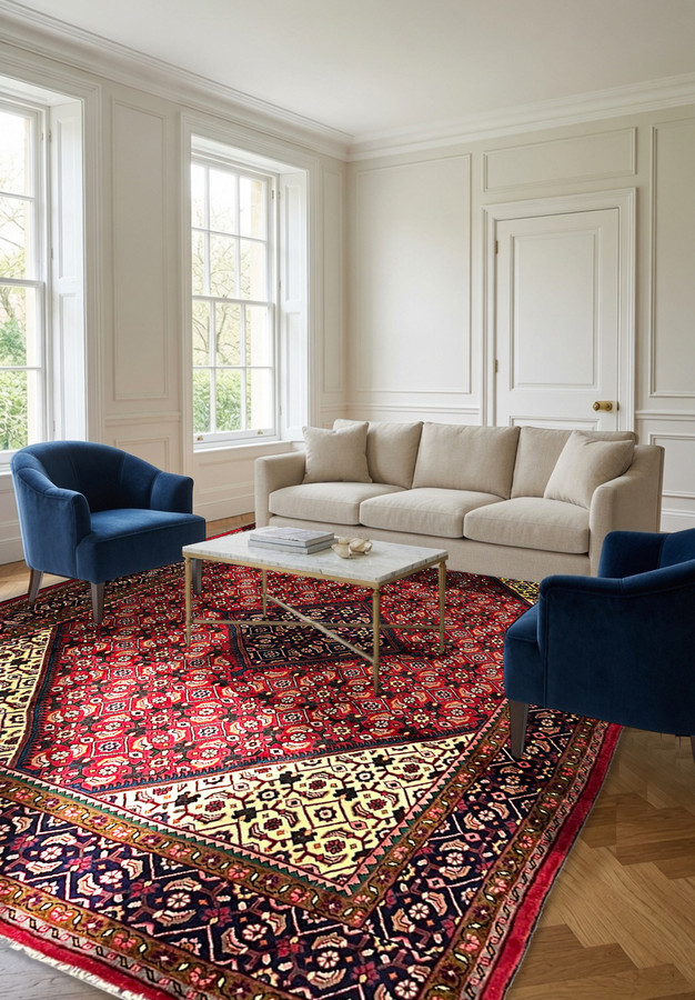 9'5" x 13'2" Persian Mahal Rug | Herati Field with Navy Diamond Medallion