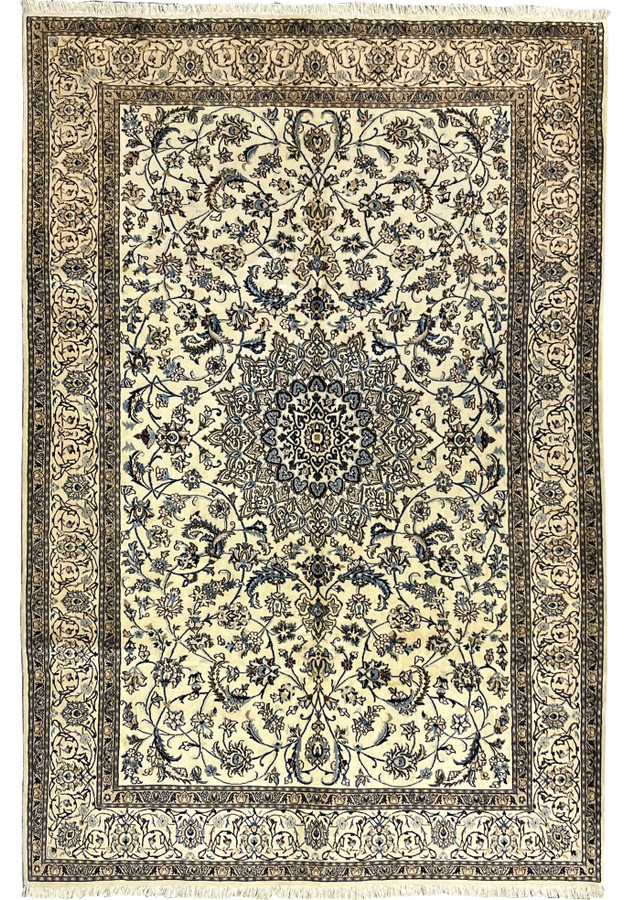 6x10 Persian Nain 9 LA rug with an ivory floral field and a radiating central medallion