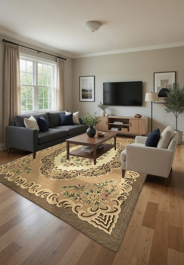 8'4 x 11'8 Hand-Hooked Oriental Rug | Cream Floral Bouquet Medallion | Taupe Field