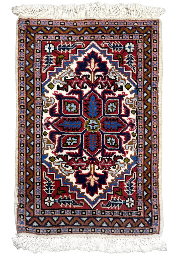 1'3 x 2 Persian Ardebil rug with red field and ivory and blue geometric medallion