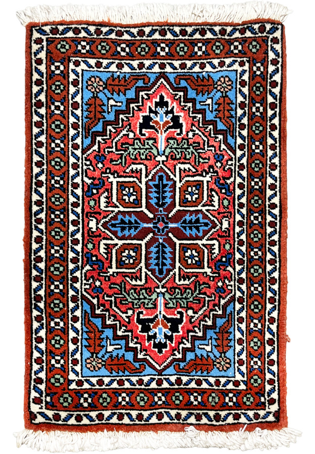 1'3 x 2 Persian Ardebil rug with tomato red field and ivory and blue geometric medallion